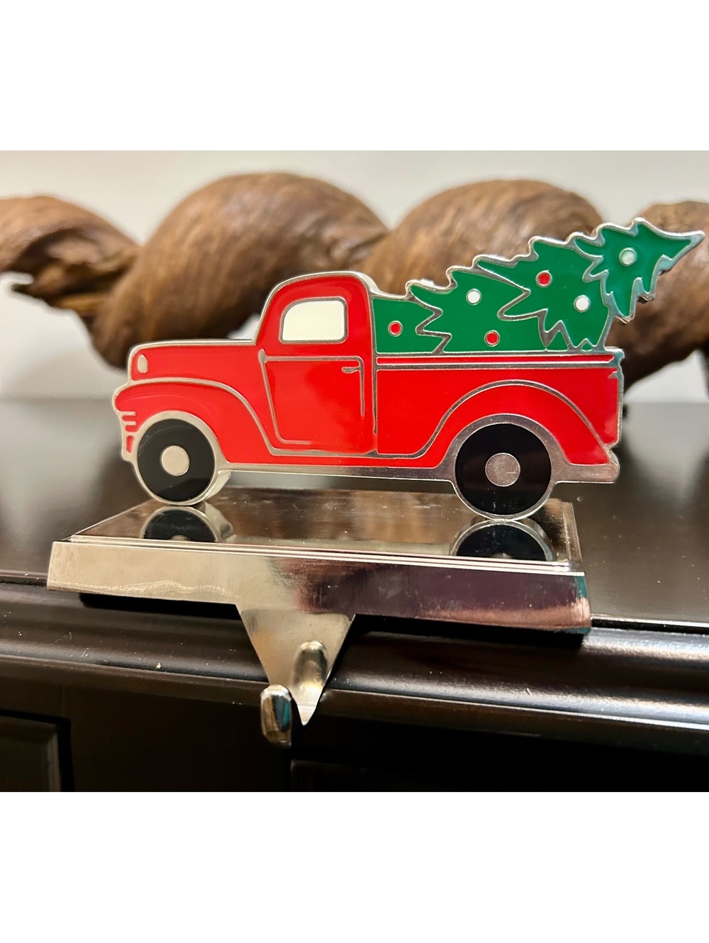 Red Truck Christmas Stocking Holder Enamel Metal Mantel Hanger Farmhouse Tree
